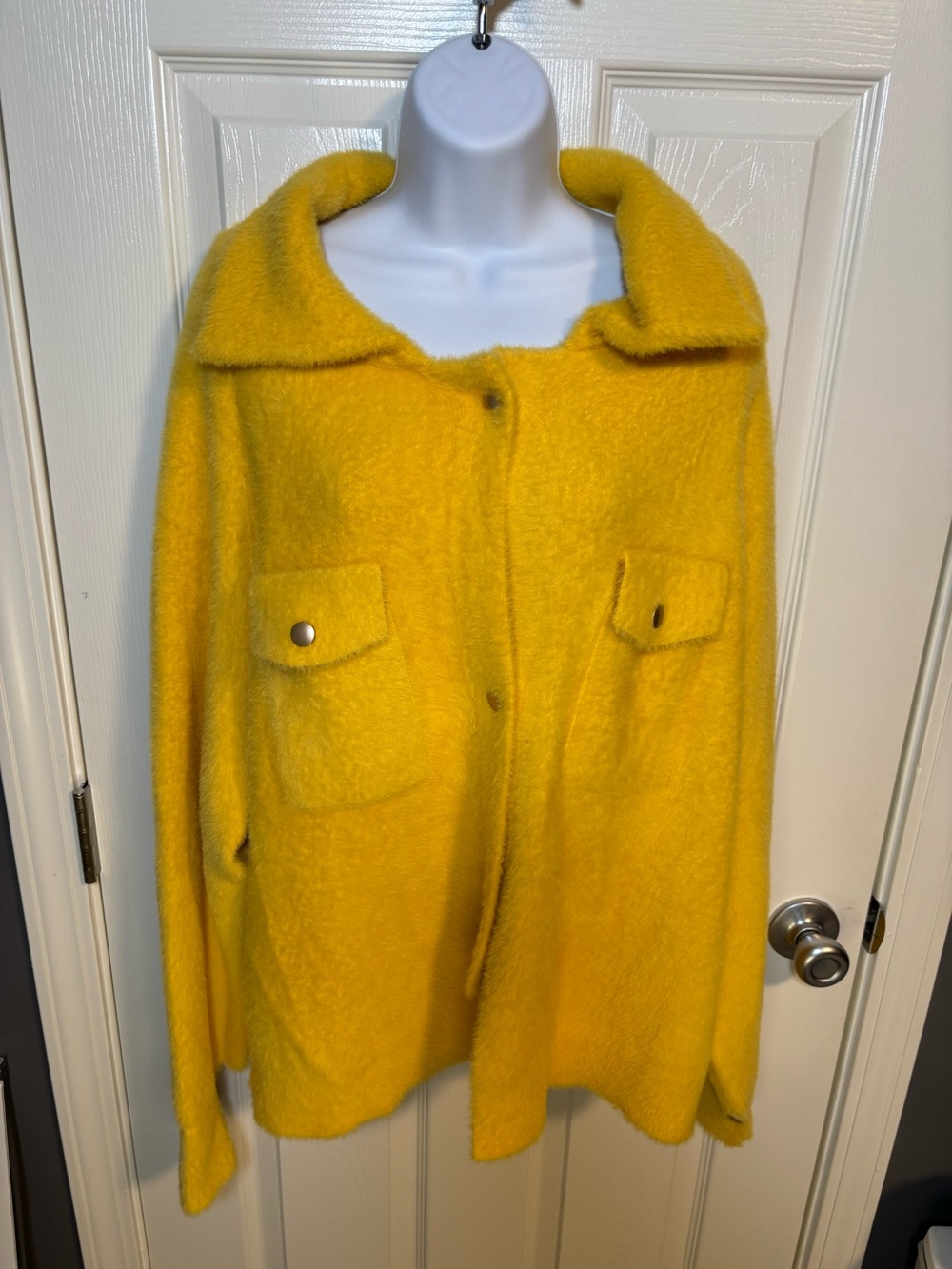 Bucket List yellow fuzzy oversized button up sweater in size M